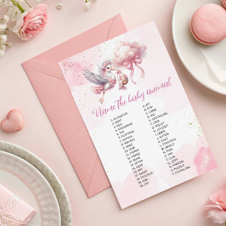 Namn vid Baby djur Rosa Stork Baby Shower Game