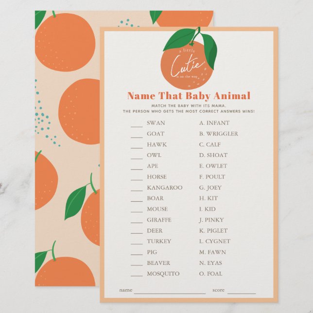 Namn vid babyspelet Baby djur Orange Baby Shower (Fram/baksida)