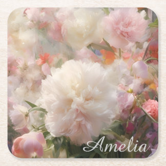 Namn Vita & Rosa Peonies Akvarellmålning Underlägg Papper Kvadrat