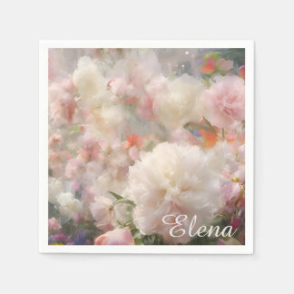 Namn Vita & Rosa Peonies Vattenfärg Målning Pappersservett