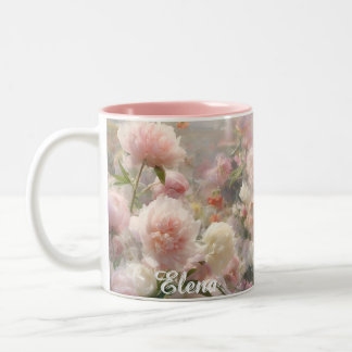 Namn Vita & Rosa Peonies Vattenfärg Målning Två-Tonad Mugg
