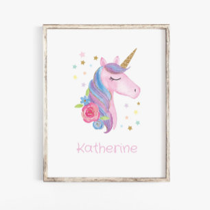 Namn Wall Decal Cute Unicorn Flicka Nursery Poster