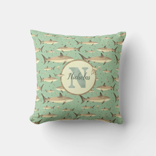 Namn + Watercolor Monogram Shark Mönster | GRÖNT Kudde (Framsida)