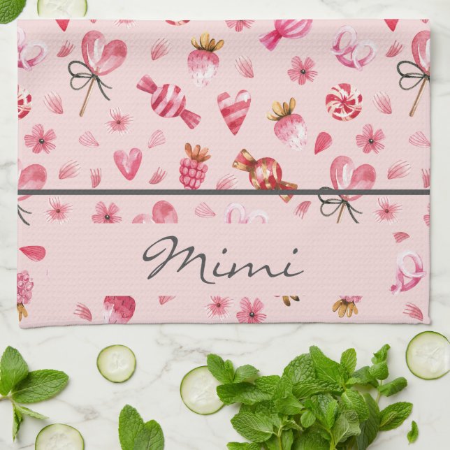 Namn, Watercolor Valentine Candy Mönster Kökshandduk (Vikta)