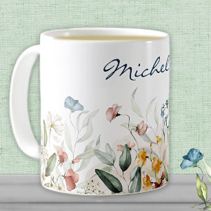 Namn, Watercolor Wildblommor Blommigt 11oz Kaffemugg