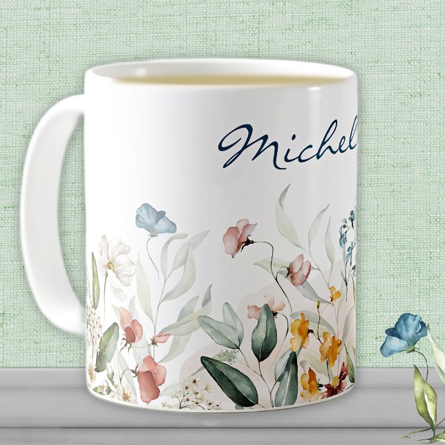 Namn, Watercolor Wildblommor Blommigt 11oz Kaffemugg (Skapare uppladdad)