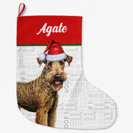Namn Woof Background på Jul Airedale Terrier Stor Julstrumpa