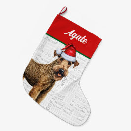 Namn Woof Background på Jul Airedale Terrier Stor Julstrumpa