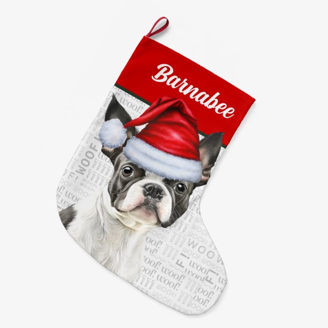 Namn Woof Background under jul Boston Terrier Stor Julstrumpa (Framsidan (Hängande))