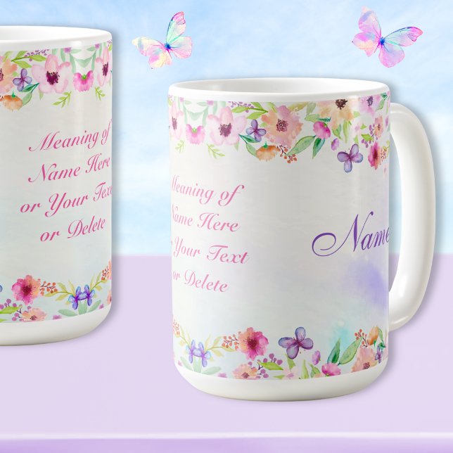 Namnbetydergåvor, Namnbetydermuggar  Kaffemugg (Personalized Name Mugs for Her. Name meaning mugs with pastel wildflowers and butterfly coffee mugs.)