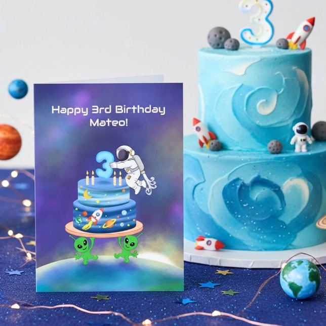 Namnen Glad 3-årsdag Astronaut med utomjordingar Kort (Skapare uppladdad)
