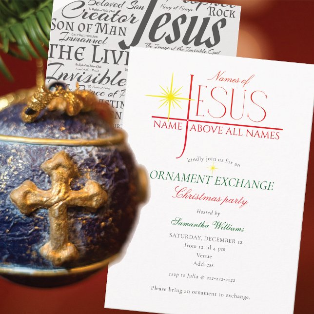 Namnen på Jesus julgransprydnad utbytesfest Inbjudningar (Names of Jesus Spiritual Devotional Women Ministry Christmas Ornament Exchange Party Invitation)