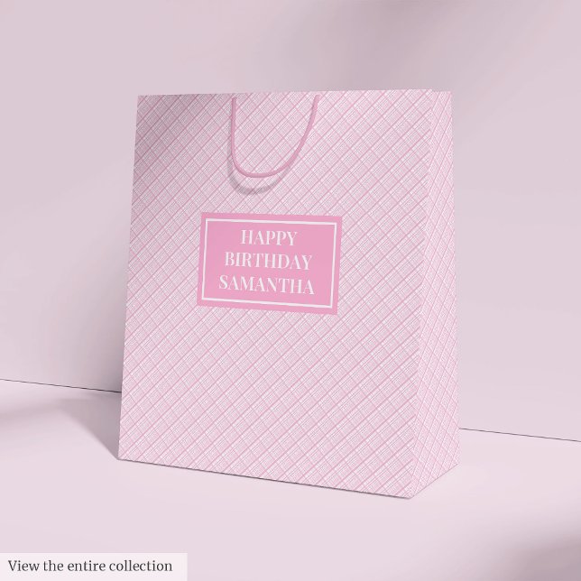Namngivna presentpåsar Elegant Rosa Randig Medium  (Name Gift Bags Elegant Pink Plaid Medium Accent)