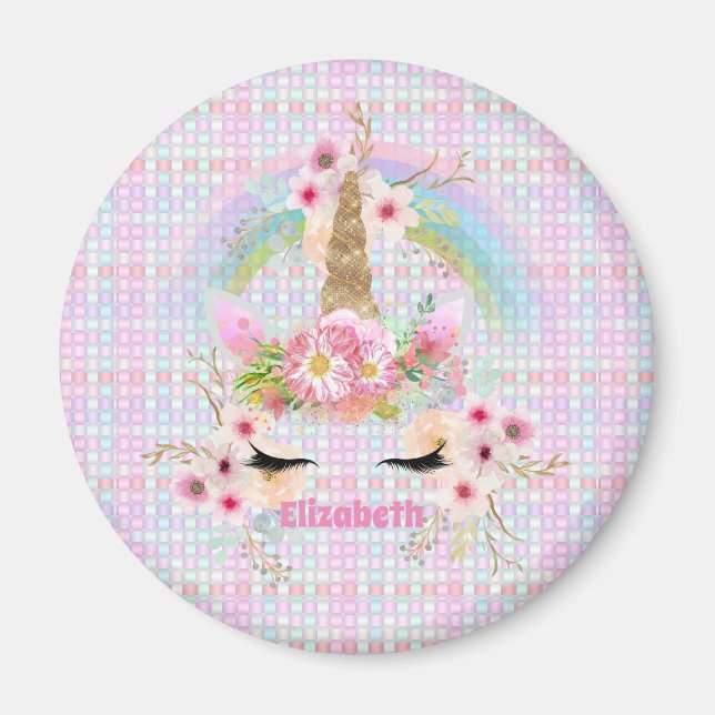 Namngivna UNICORN Rosa Guld Flowers Girls Tonåring Magnet (Framsidan)