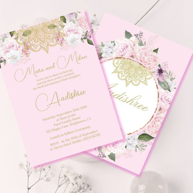Namngivningsceremoni för hinduisk baby, rosa bloms inbjudningar (Skapare uppladdad)