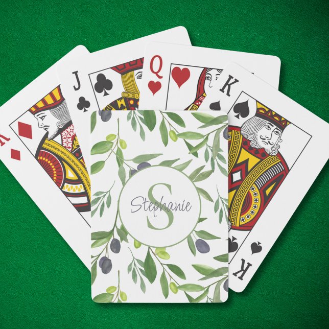 Namnmonogram Akvarell Olivmönster Casinokort (Skapare uppladdad)