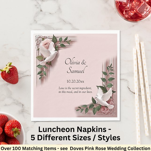 Namns datum meddelande rosa rosor och duvor lunch pappersservett (Skapare uppladdad)