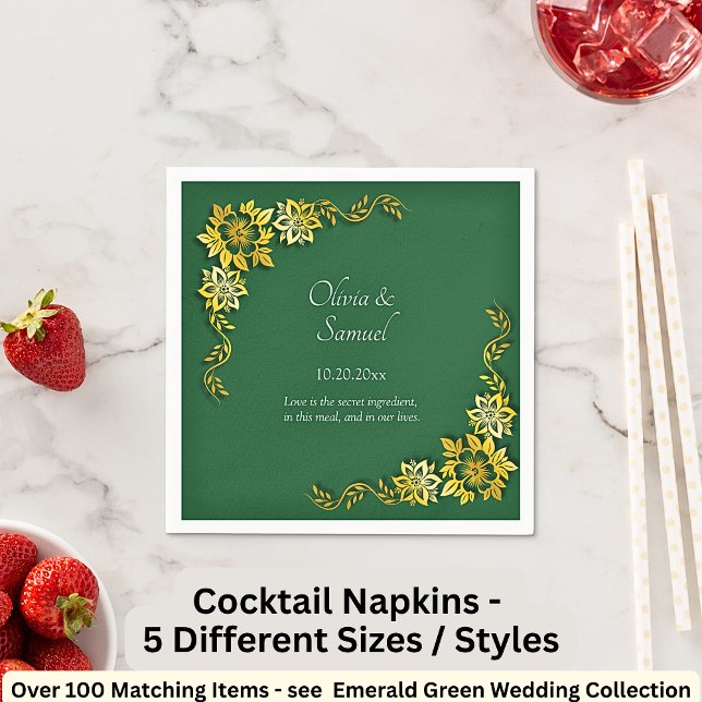 Namns Datum Meddelande Smaragdgrön & Guld Cocktail Pappersservett (Skapare uppladdad)