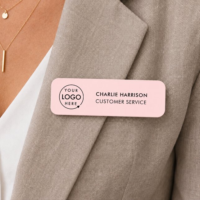 Namnskylt | Rosa Magnetisk Logotyp för Personal Namnbricka (Feminine blush pink company branded staff name tags for team & employee identity.)