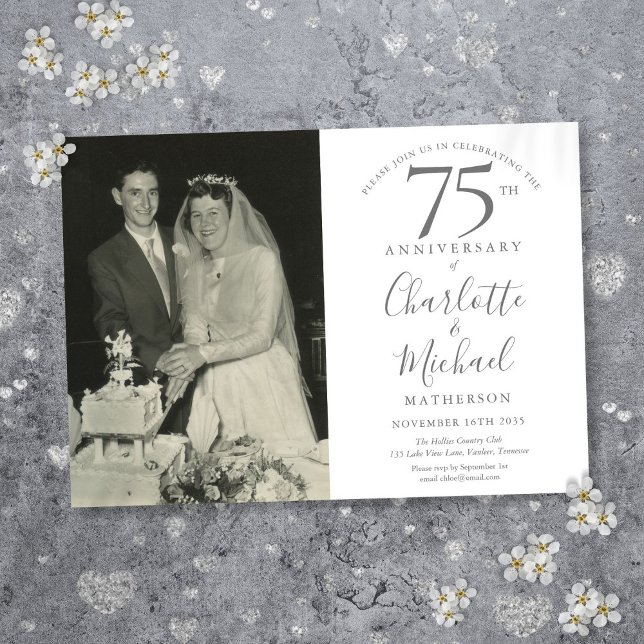 Namnteckning 75:e Bröllop-årsfoto för skript Inbjudningar (Signature Script 75th Wedding Anniversary Photo Invitation)