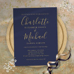 Namnteckning av marint blått och Guld skript Bröll Inbjudan Vykort<br><div class="desc">Med namnteckning stil namn kan det här elegantens vykort för bröllopsinbjudan,  blått och guld,  vara personlig med dina uppgifter i chic. Designad av Thisisnotme©</div>