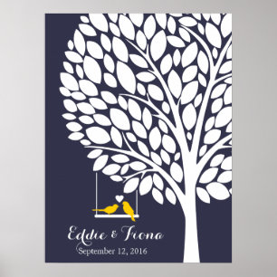 namnteckning bröllop gästfåglarnas gult bok träd poster