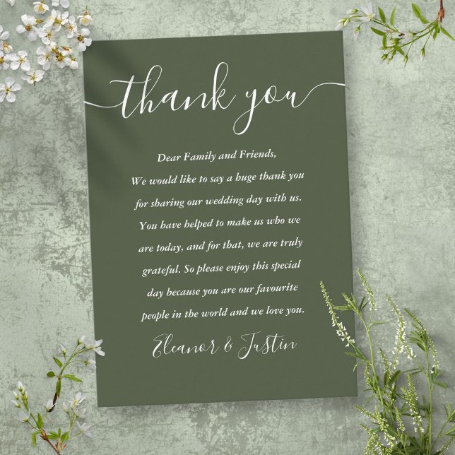 Namnteckning Bröllop Oliv grönt Tack Placeringskort (Signature Script Wedding Olive Green Thank You Place Card)