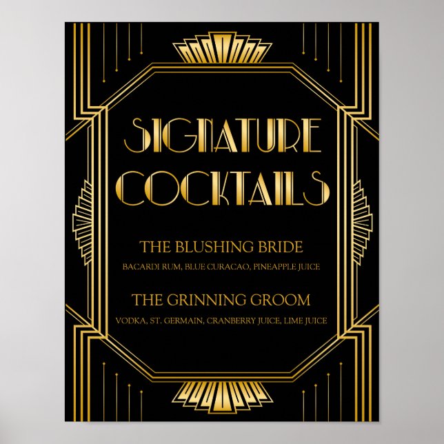 Namnteckning Cocktail Bröllop-tecken | Gatsby Art  Poster (Framsidan)