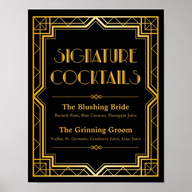 Namnteckning Cocktail Bröllop-tecken | Gatsby Art  Poster (Framsidan)