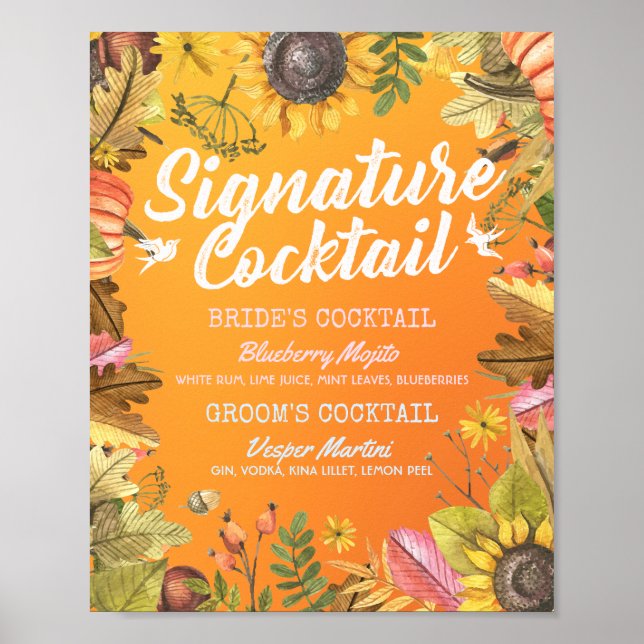 Namnteckning Cocktail Drink Menu för höstblommor Poster (Framsidan)