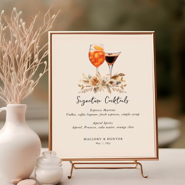 Namnteckning Cocktails and Flowers Neutralt Bröllo Poster (Signature Cocktails poster from the Romantic Wedding Signs collection by Darling & May)