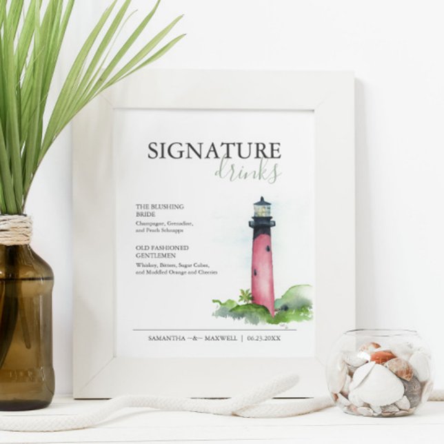 Namnteckning Drinks 8 x 10 Beach-bröllopstecken Poster (Wedding signature drinks sign watercolor lighthouse art by Victoria Grigaliunas of Do Tell A Belle)