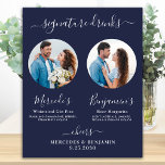 Namnteckning Drinks Anpassningsbar Photo Navy Blue Poster<br><div class="desc">Namnteckning Drinks! Den här namnteckning dricker pub-skylten med enkel elegant, och innehåller två cocktails "the Bride" och "Groom", personlig med dina utvalda drycker. Anpassa den här elegant bröllop-tecknet med förlovningens favoritfoto eller foton från par, namn och namnteckning drycker! Du kan också anpassa fotona för namnteckning drycker från dina favoritsällskapsdjur till...</div>