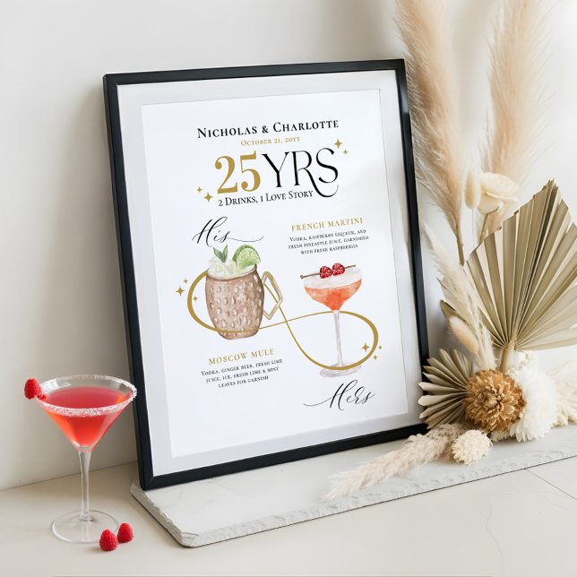 Namnteckning Drinks Bröllop-årsdagen Cocktail-meny Poster (Signature Drinks Wedding Anniversary Cocktail Menu Poster)