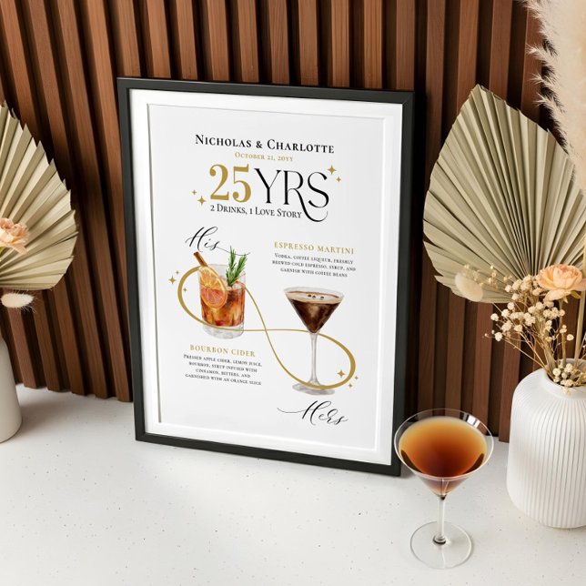 Namnteckning Drinks Bröllop-årsdagen Cocktail-meny Poster (Signature Drinks Wedding Anniversary Cocktail Menu Poster)