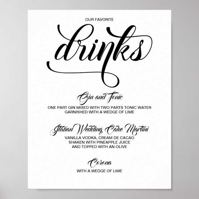 Namnteckning Drinks Cocktails Bröllop Sign - Black Poster (Framsidan)