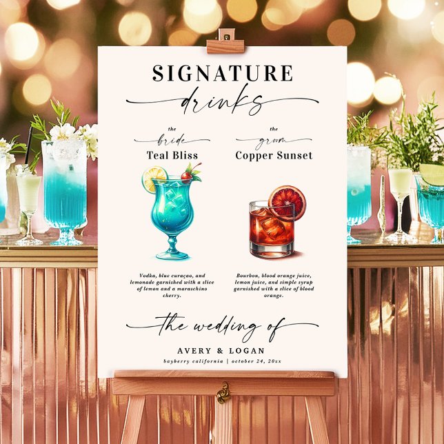 Namnteckning Drinks- och kopparstam Poster (A Wedding Bar with Teal and Copper Colored Signature Drinks. Blue Lagoon and Whiskey Sour.)