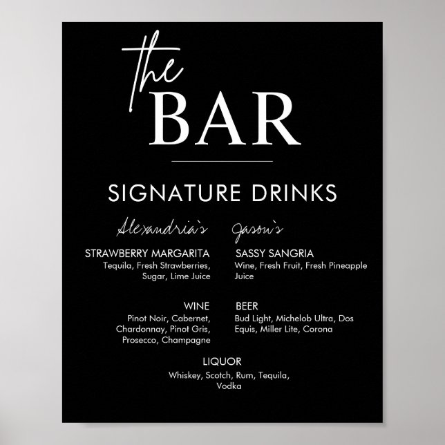 Namnteckning Drinks Pub-meny för utskrivbara svart Poster (Framsidan)