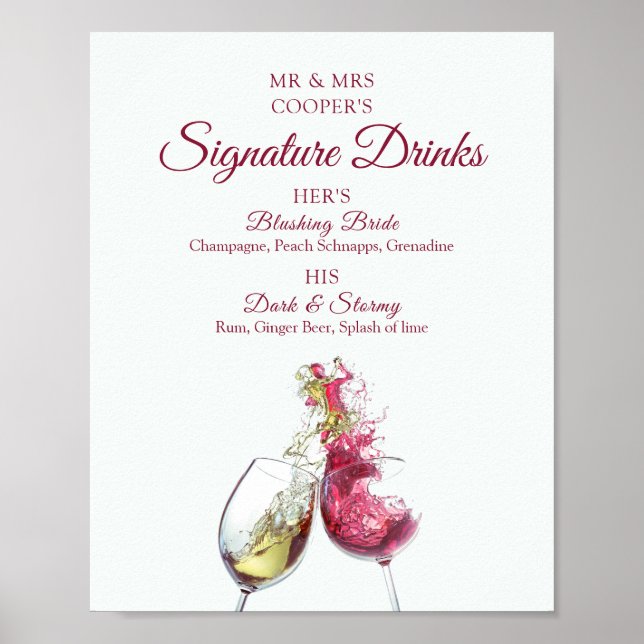Namnteckning Drinks Red and White Vin Dance Bröllo Poster (Framsidan)