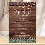 Namnteckning Drinks String Ljus Rustic Bröllop Pub Poster<br><div class="desc">Namnteckning Drinks! Modern men rustik eukalyptus och sträng ljus på land rustiskt trä med elegant kalligrafi, detta namnteckning pub-tecken med två cocktails 'the Bride' and 'the Groom', personlig med dina favoritdrycker. Anpassa det här elegant bröllop-tecknet med namn och namnteckning drycker! COPYRIGHT © 2020 Judy Burrows, Black Hund Art - Med...</div>