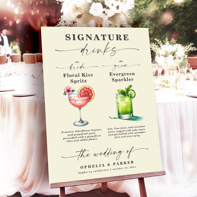 Namnteckning drycker av Ophelia Bröllop Bride & Gr Poster (Say "I DO" to Romantic Watercolor Florals and a Cottagecore Vibe with the Ophelia Wedding Suite.)