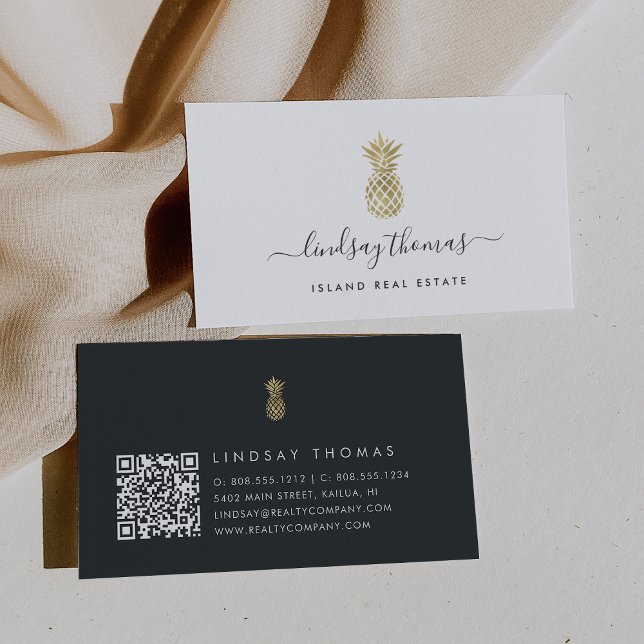 Namnteckning Faux Guld Pineapple QR-kod Visitkort (Skapare uppladdad)
