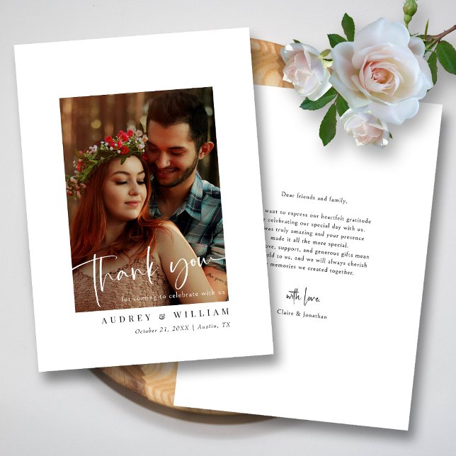 Namnteckning foto för vit och svart elegant tack kort (Elegant White & Black Signature Photo Wedding Thank You Card )