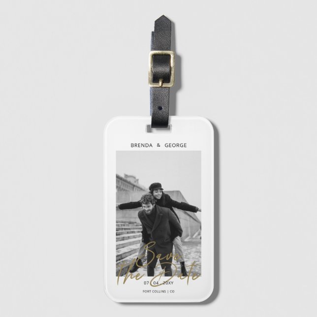 Namnteckning minimalistiskt fotospara datum bagagebricka (Framsida vertikal)