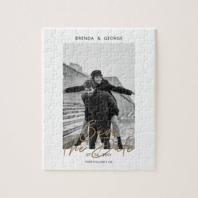 Namnteckning minimalistiskt fotospara datum pussel (Vertikal)