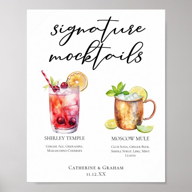 Namnteckning Mocktails Summer Drinks Bröllop Menu Poster (Framsidan)