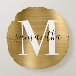 Namnteckning Modern Monogram guldfoto Rund Kudde