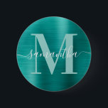 Namnteckning Monogram Aqua Teal Shimmer Foil Knapp<br><div class="desc">Skapa egna knappar för giftig personlig namn och monogrammet. Aqua teal färgad digital art faux foil grafik. Pastellkrita och vit contemporary monogram med elegant namnteckning stil kalligrafi.</div>
