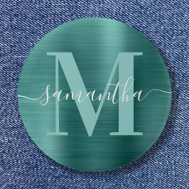 Namnteckning Monogram Aqua Teal Shimmer Foil Knapp