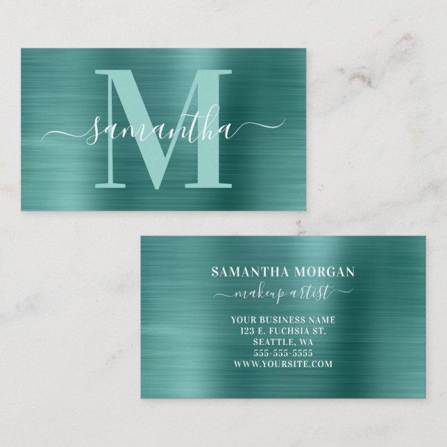 Namnteckning Monogram Aqua Teal Shimmer Foil Visitkort (Fram/baksida)